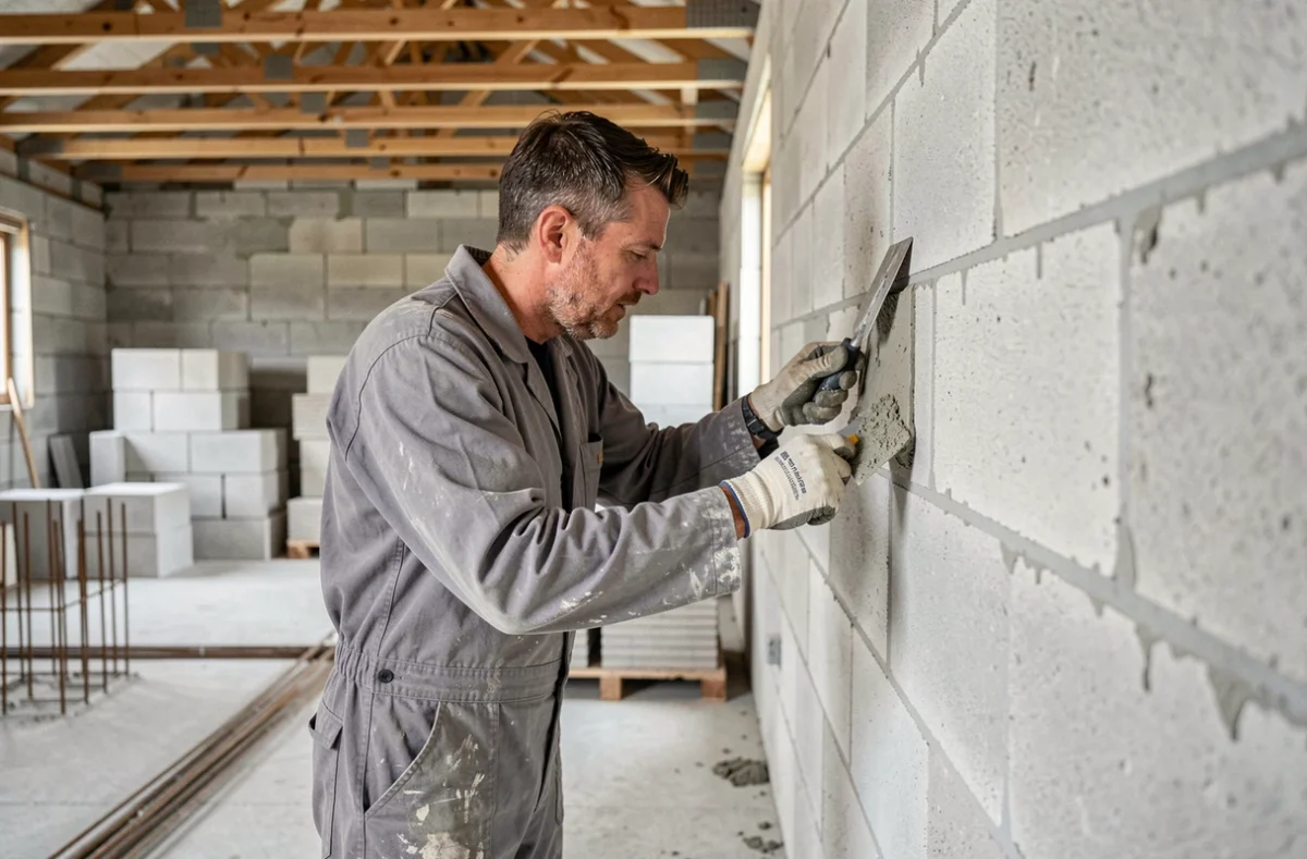 Maçon ACM appliquant du mortier sur un mur en parpaing lors d'un chantier commercial en Bretagne