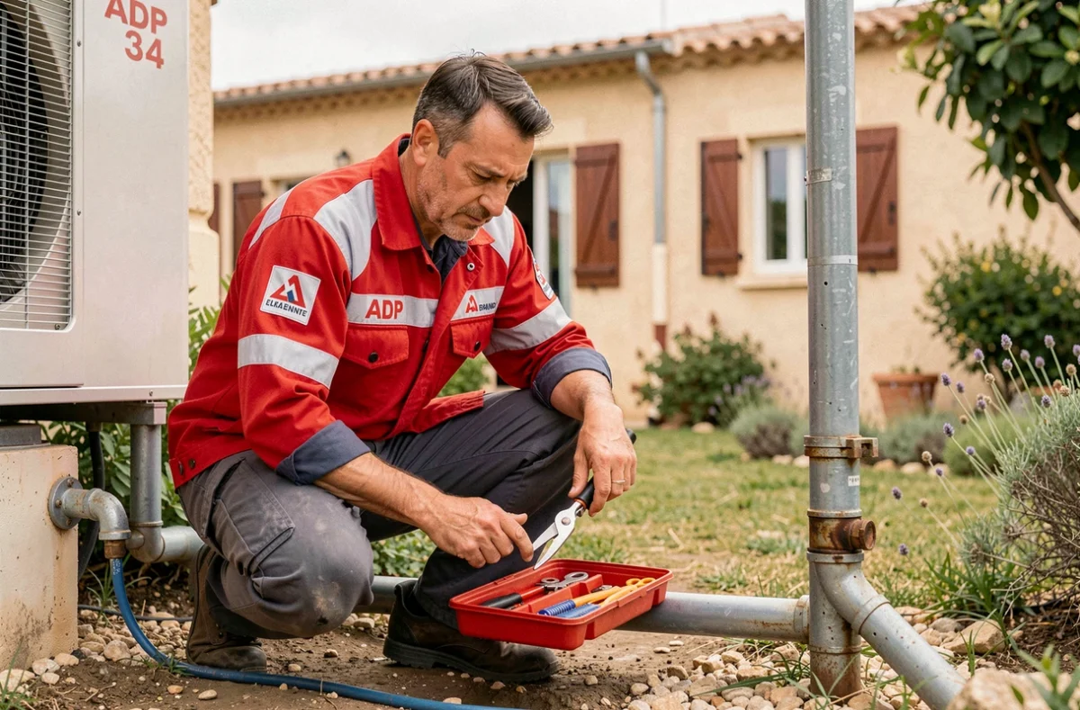 Artisan ADP 34.COM réparant une fuite sur la connexion d'une pompe à chaleur dans un jardin de maison héraultaise