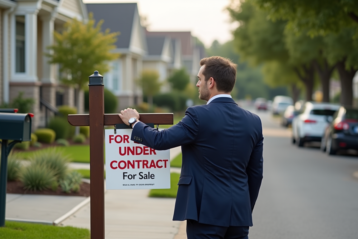 Agent immobilier posant panneau vente sous contrat dans rue