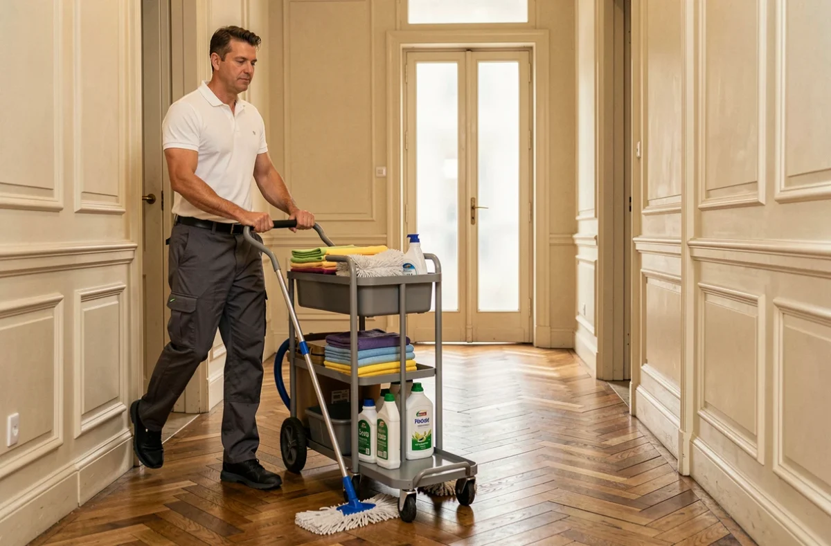 Agent de ménage à domicile dans le couloir d'un immeuble haussmannien parisien avec son chariot de nettoyage