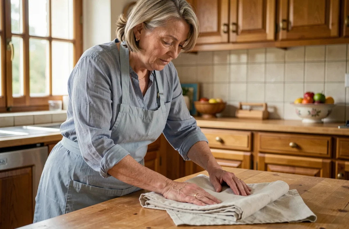 Aide ménagère pliant du linge propre dans une cuisine française modeste et chaleureuse