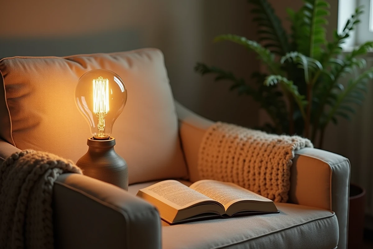 Ampoule décorative à culot petite taille dans une lampe de table en céramique ancienne dans un coin lecture cosy avec fauteuil en lin