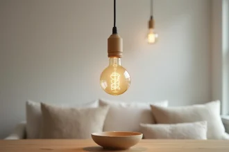 Ampoule décorative à filament avec culot petite taille dans une suspension minimaliste au-dessus d'une table en chêne scandinave