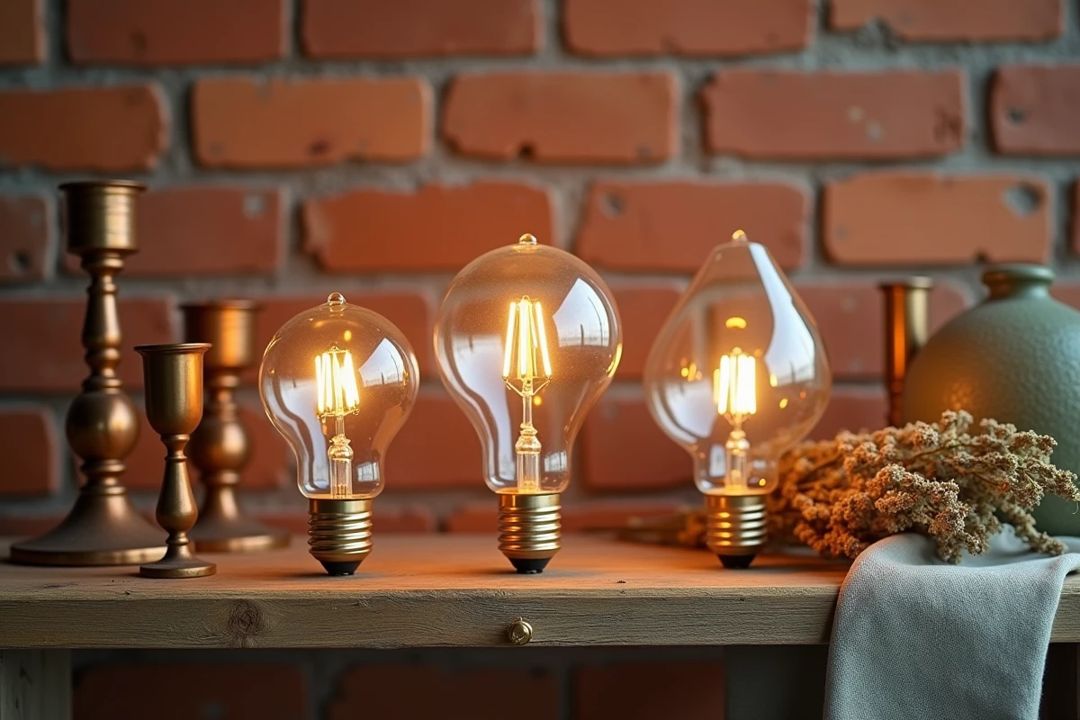 Trio d'ampoules décoratives à culot E14 de formes variées posées sur une étagère en bois brut avec accessoires vintage