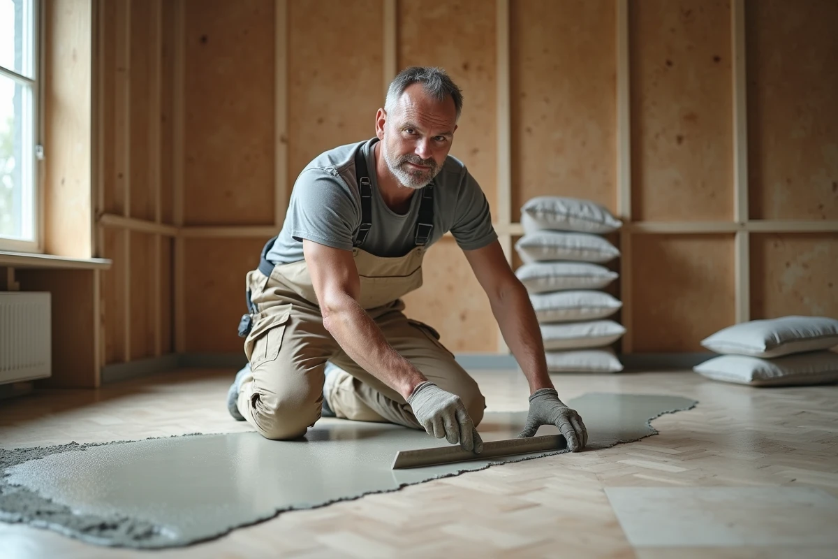 Artisan appliquant un ragréage sur parquet bois avec une taloche en acier, couche épaisse visible sur le plancher en rénovation