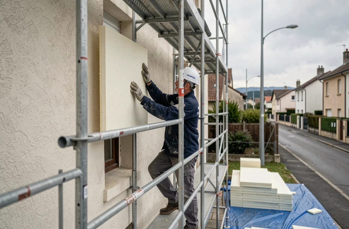 Technicien d'ARB-Isolation posant un panneau isolant sur la façade extérieure d'une maison en banlieue lyonnaise