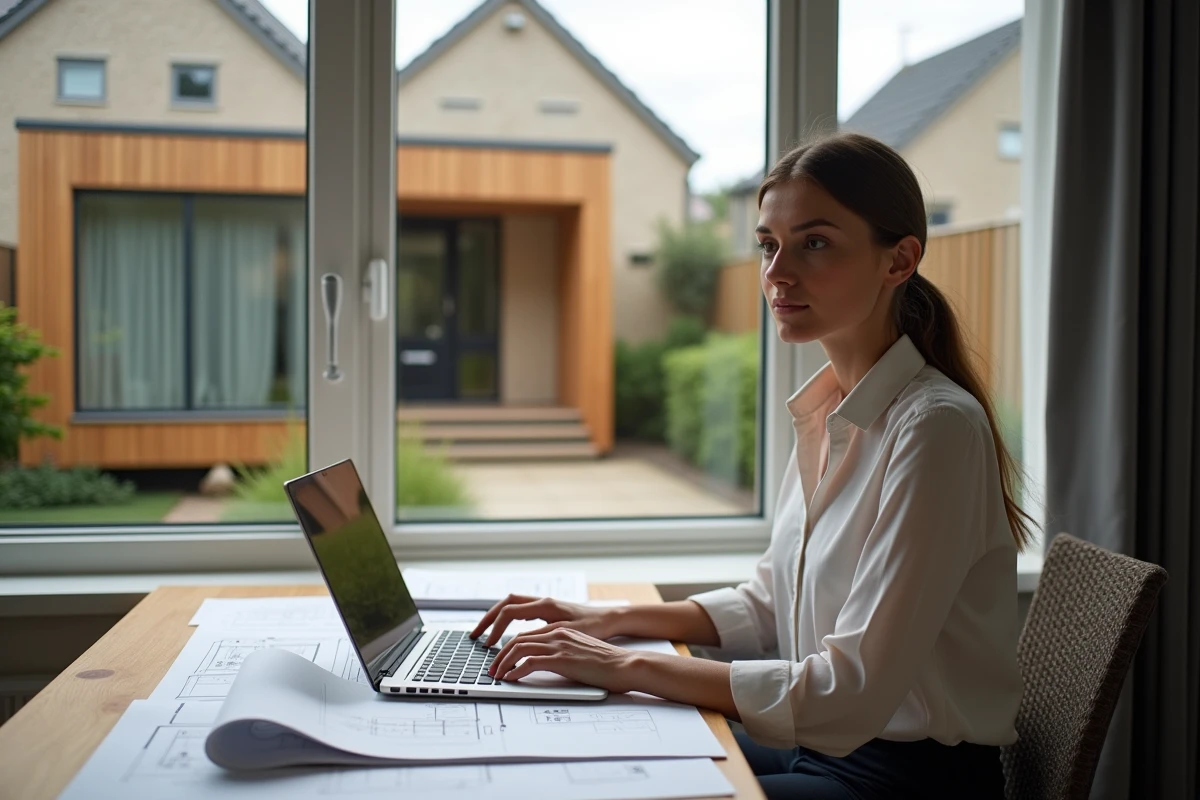 Jeune architecte dans son bureau avec plans et matériaux pour extension