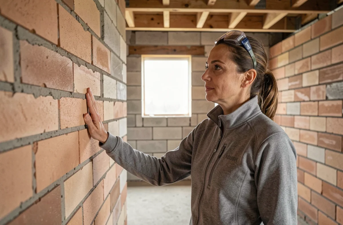 Architecte inspectant un mur en brique isolante à l'intérieur d'une maison en construction, paroi en béton cellulaire visible en comparaison