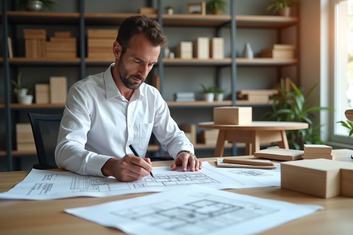 Architecte homme examinant des plans de maison modernes