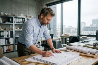 Architecte professionnel en studio examinant des plans de rénovation lourde étalés sur une table à dessin