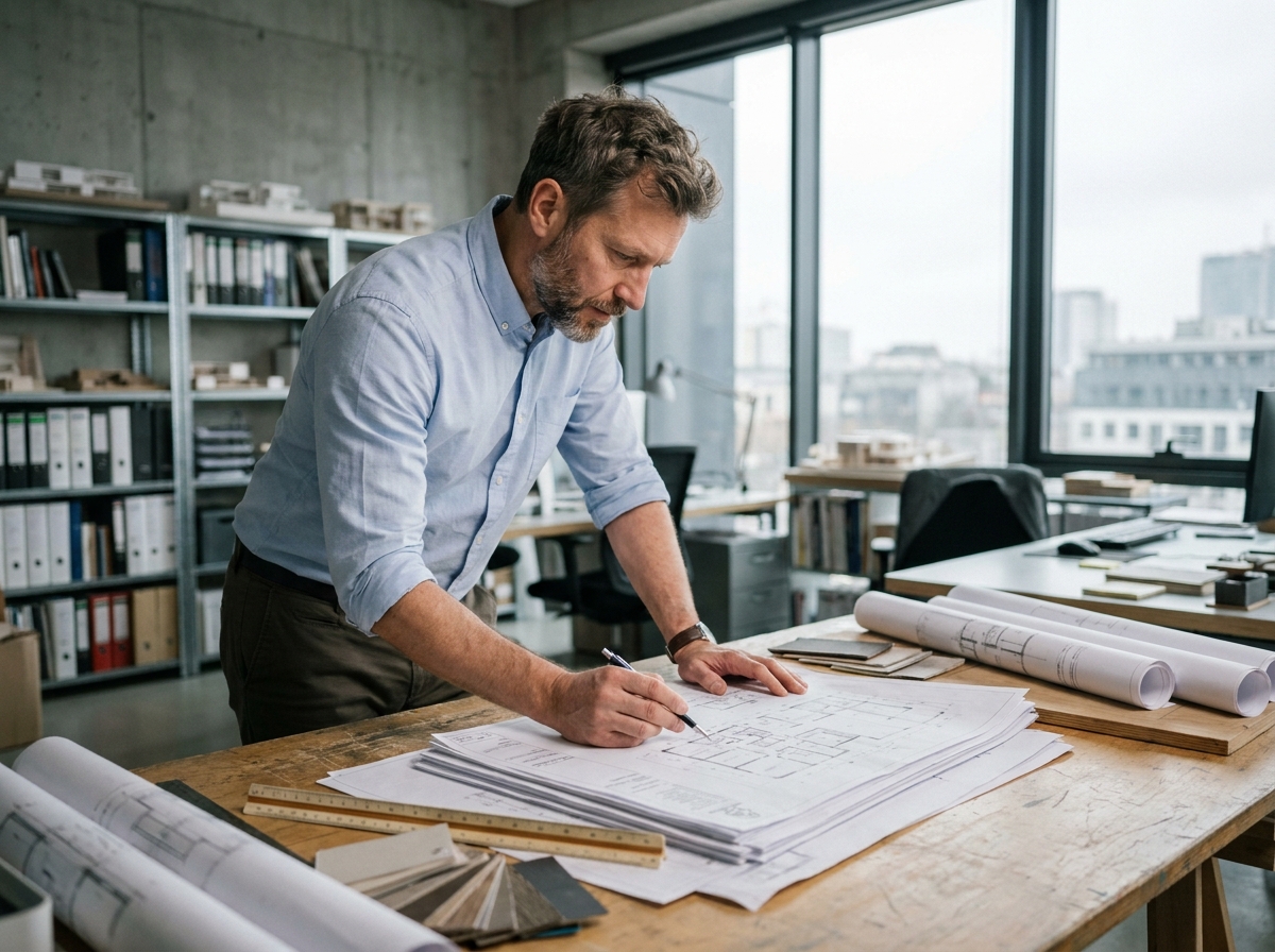 Architecte professionnel en studio examinant des plans de rénovation lourde étalés sur une table à dessin