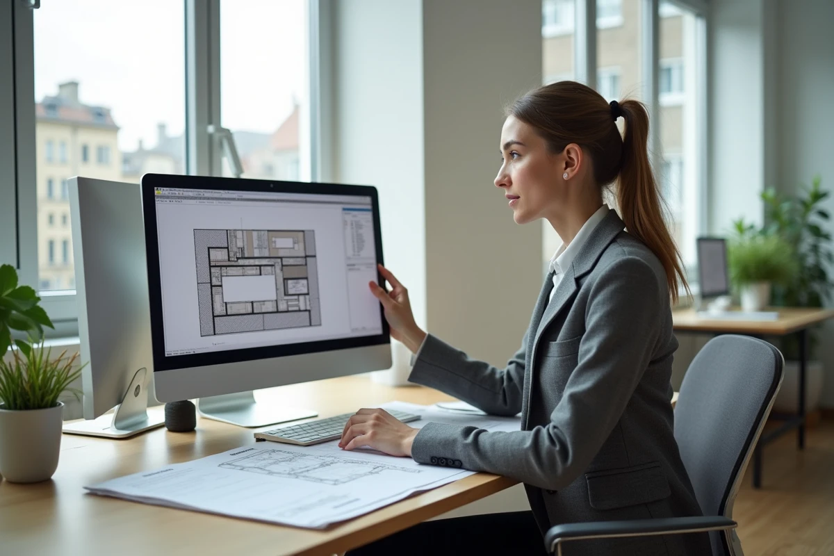 Jeune architecte examine permis de construire dans son bureau lumineux