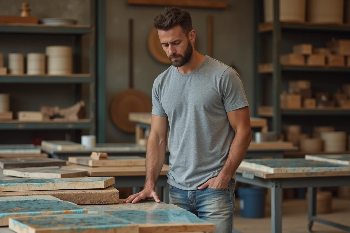 Artisan en atelier inspectant une table en résine fabriquée à la commande
