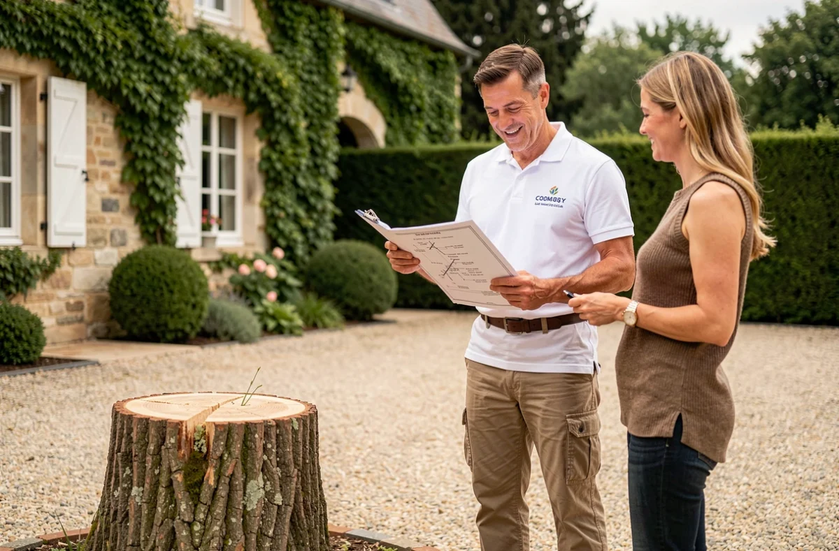Artisan élagueur en discussion avec une cliente devant une propriété résidentielle française