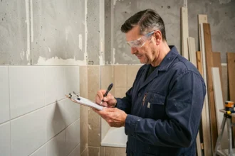 Artisan qualifié examinant les travaux de rénovation salle de bain lors d'une consultation client