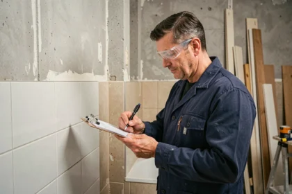 Artisan qualifié examinant les travaux de rénovation salle de bain lors d'une consultation client