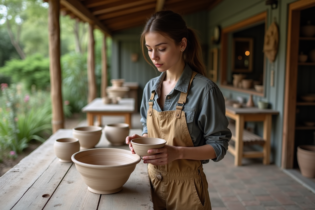 Jeune artisane inspectant une coupe de poterie en ext&eacute;rieur
