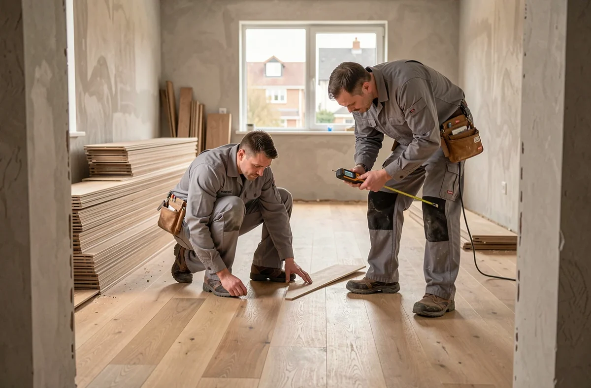 Deux artisans locaux posant du parquet bois dans un salon en cours de rénovation