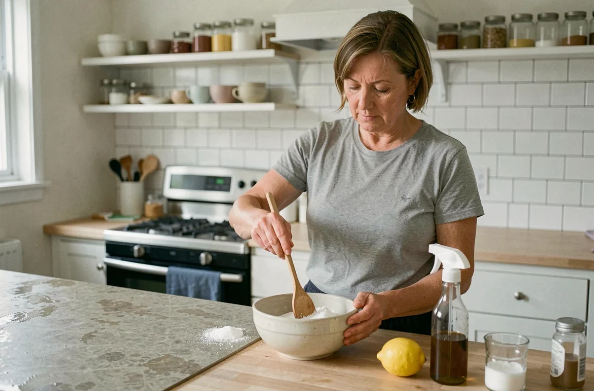 Femme préparant un mélange de bicarbonate et vinaigre pour nettoyer un sol en lino collant