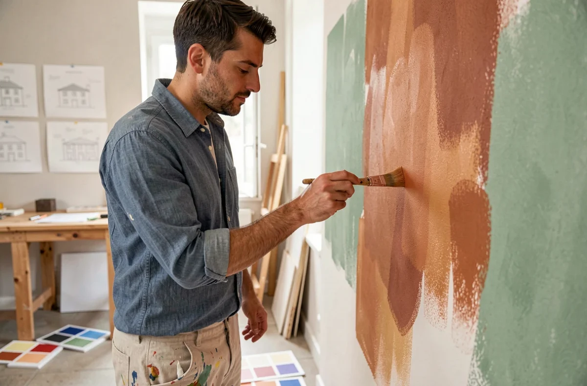 Artisan de l'Atelier Méridien Peinture appliquant une technique de lavis coloré sur un mur dans un atelier de design lyonnais