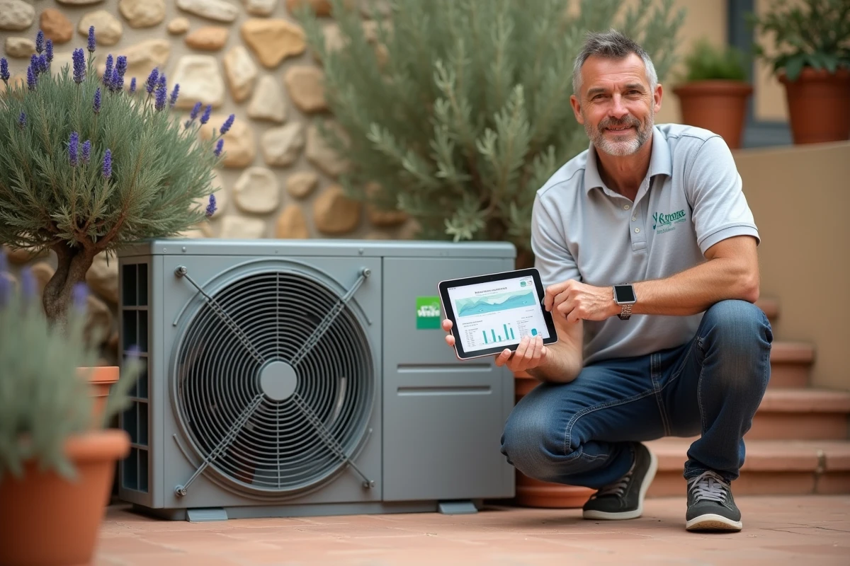 Auditeur énergétique certifié inspectant une pompe à chaleur installée dans le cadre d'une rénovation globale en Occitanie