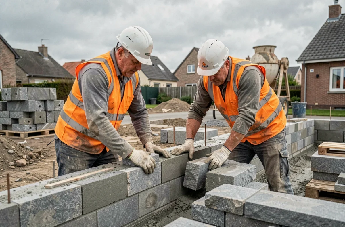 Équipe de maçons Avril 35 Maçonnerie posant des pierres de granit sur un chantier résidentiel en Ille-et-Vilaine