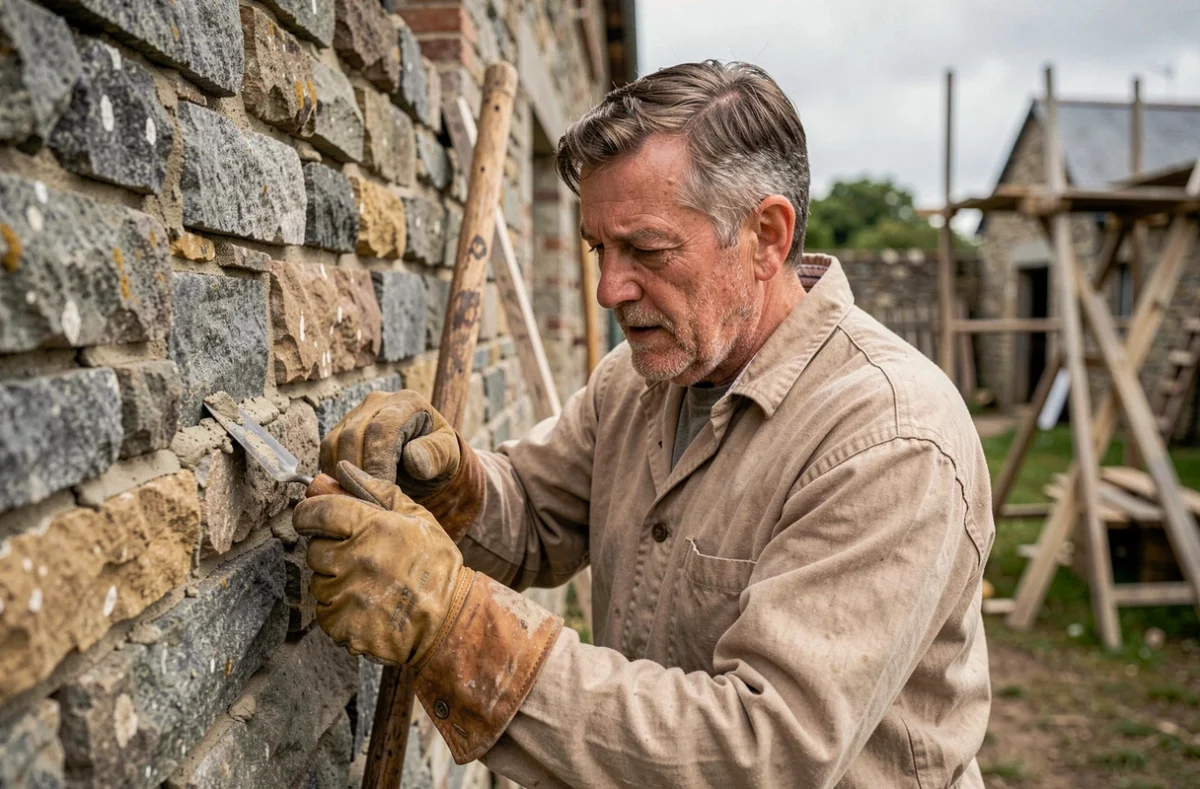 Maître maçon Berthault Beauvir Maçonnerie restaurant un ancien mur en pierre de granit avec de la chaux dans une ferme bretonne