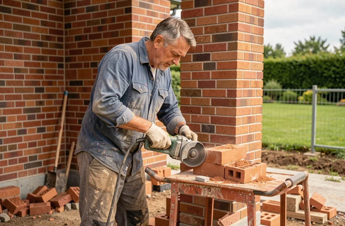 Artisan BF Maçonnerie découpant une brique sur un chantier de maison individuelle en Ille-et-Vilaine