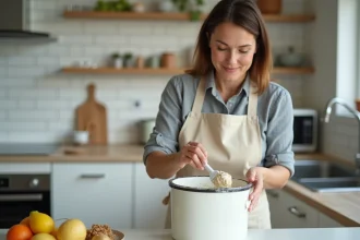 Femme nettoyant un plastique jauni avec une pâte maison à base de bicarbonate de soude dans une cuisine moderne