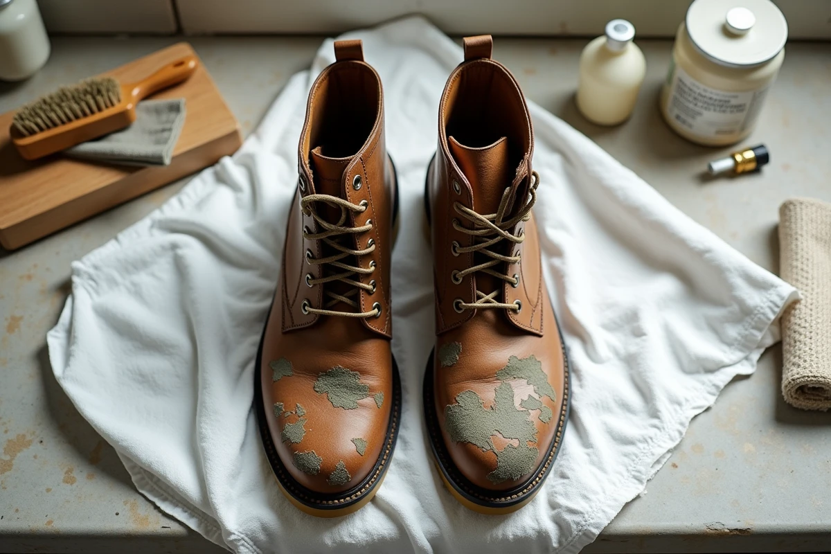 Bottes en cuir ancien couvertes de moisissures posées sur un tissu blanc avec des produits de nettoyage naturels