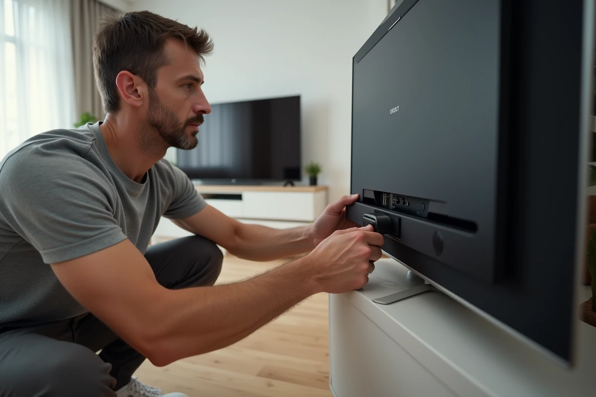 Homme branchant un séparateur HDMI sur un décodeur TV pour connecter deux écrans dans un salon moderne