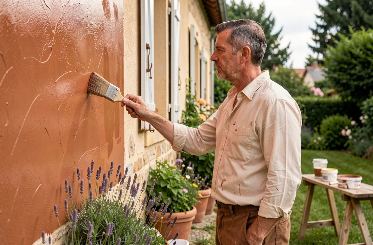 Peintre de Brun Peinture appliquant une peinture extérieure teinte terracotta sur l'enduit d'une maison lyonnaise traditionnelle
