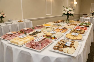 Table de buffet de réception avec plats couverts de Celafame pour éviter le gaspillage alimentaire lors d'un événement