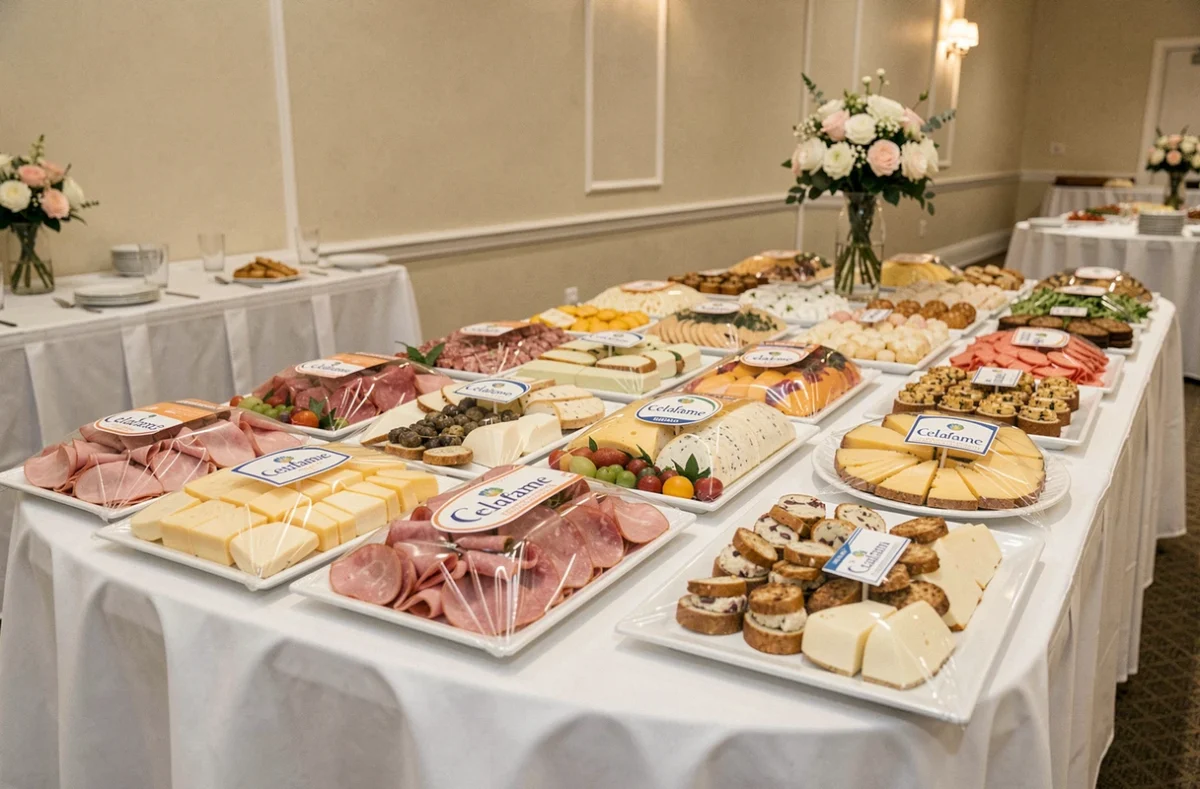 Table de buffet de réception avec plats couverts de Celafame pour éviter le gaspillage alimentaire lors d'un événement