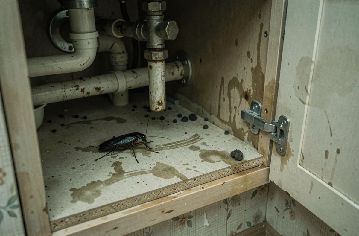 Cafard noir sous l'évier avec traces de graisses et déjections dans un placard de cuisine humide