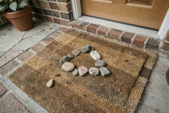 Cailloux disposés en triangle sur un paillasson devant une maison, possible signe de marquage de cambrioleur
