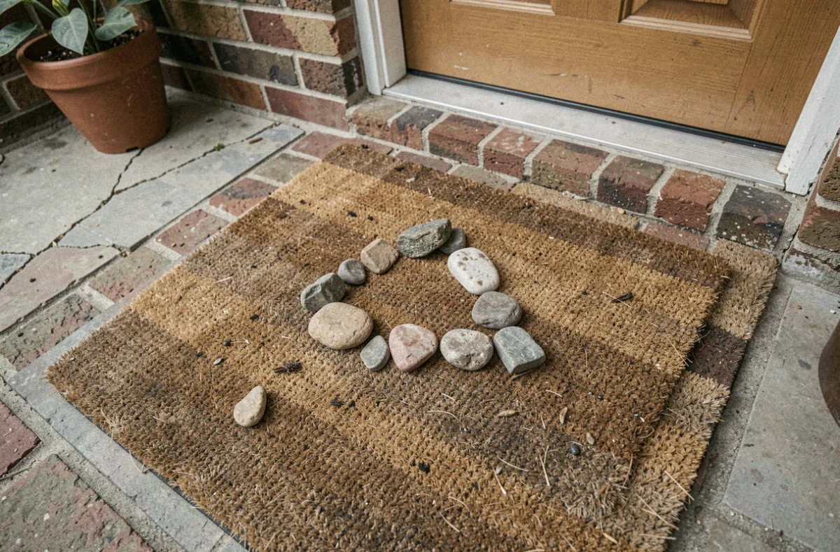 Cailloux disposés en triangle sur un paillasson devant une maison, possible signe de marquage de cambrioleur