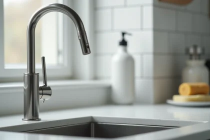 Robinet de cuisine recouvert de dépôts de calcaire visibles, illustration de la problématique du calcaire dans l'eau du robinet