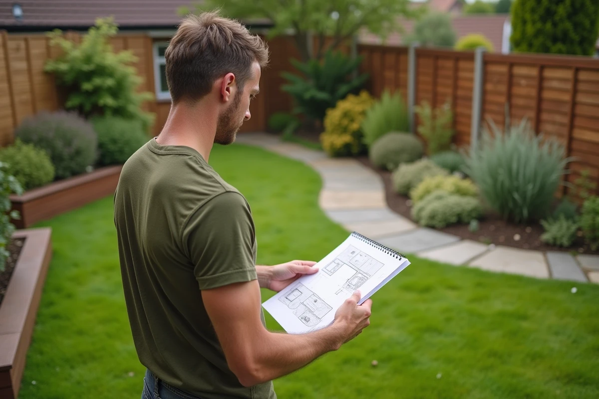 Homme calculant la superficie d'un jardin en m2 avec un carnet de notes et des mesures au sol