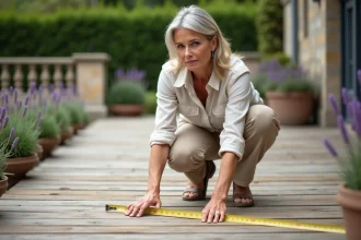 Femme mesurant la superficie d'une terrasse en bois avec un mètre ruban jaune pour calculer les m2