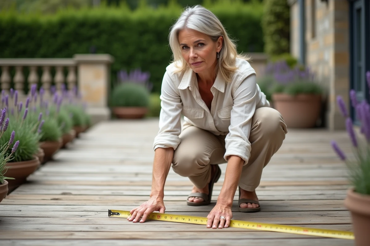 Femme mesurant la superficie d'une terrasse en bois avec un mètre ruban jaune pour calculer les m2