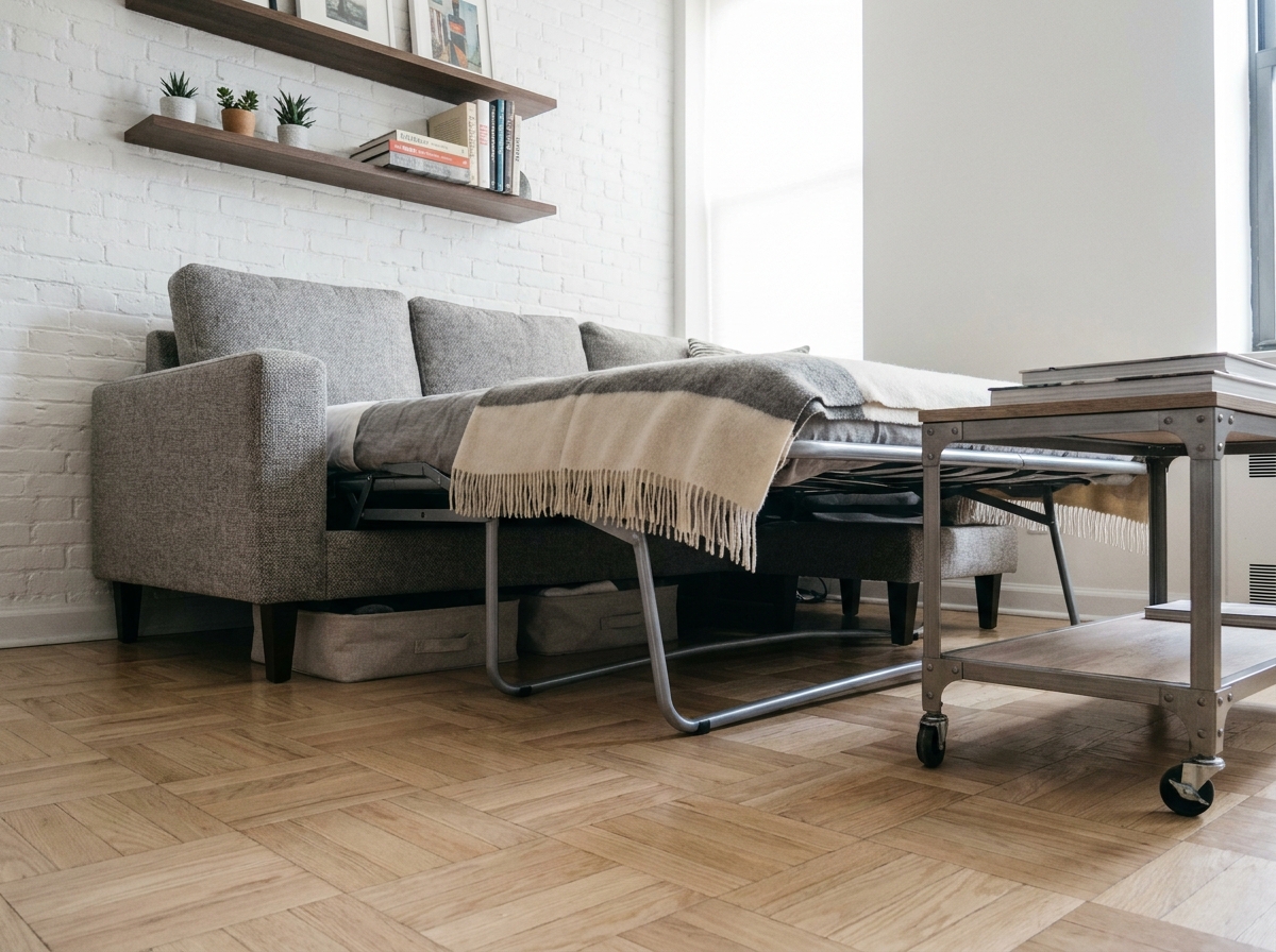 Petit salon avec canapé convertible gris déplié révélant son mécanisme de couchage, dans un appartement urbain compact aux murs blancs et parquet chêne clair