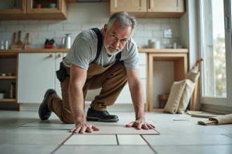 Ouvrier carreleur posant des carreaux de cuisine