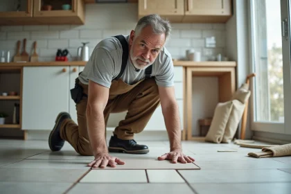 Ouvrier carreleur posant des carreaux de cuisine