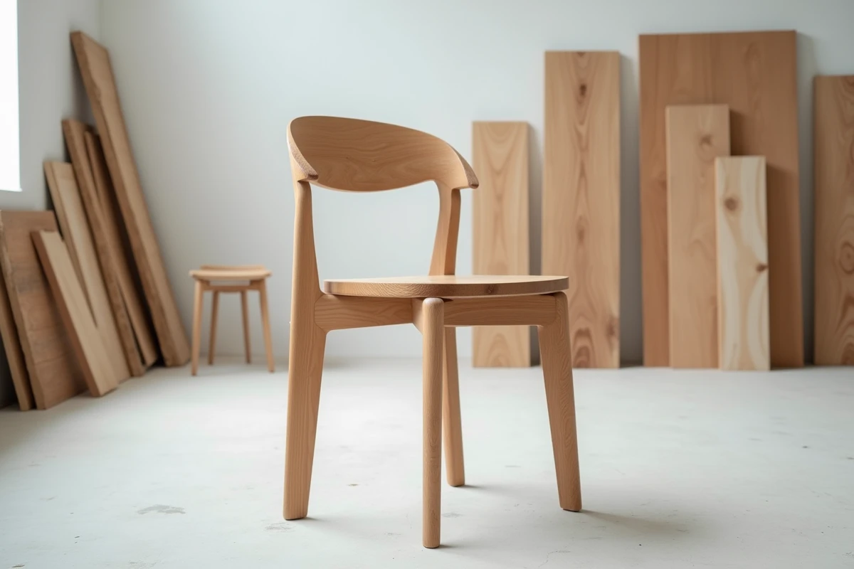 Chaise en hêtre massif avec assemblages tenon mortaise apparents exposée dans un atelier de menuiserie scandinave