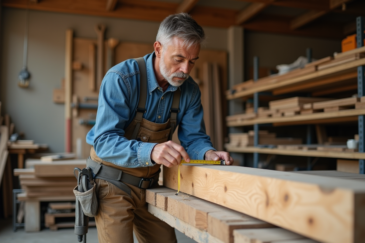 Charpentier mesurant une poutre en bois dans son atelier