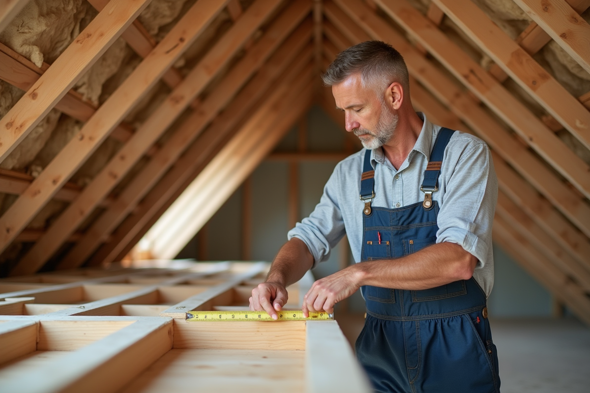 Charpentier mesurant la structure en bois dans un grenier en rénovation