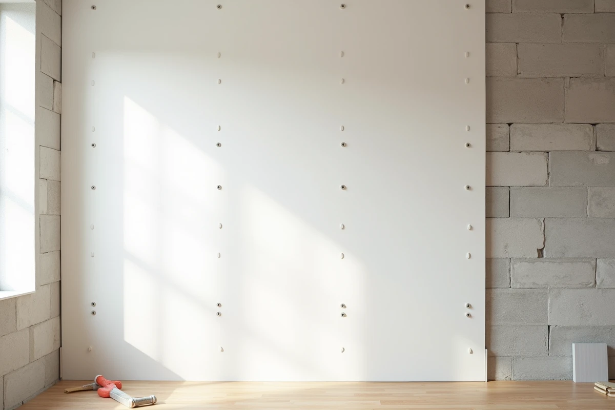 Cloison demi-stil en plaque de plâtre posée contre un mur en parpaing dans un appartement en cours de rénovation