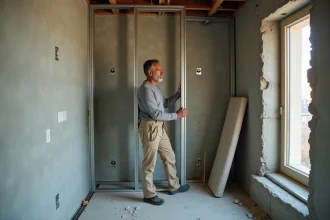 Ouvrier positionant un montant métallique pour une cloison demi-stil contre un mur en parpaing lors d'une rénovation intérieure