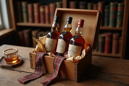 Coffret cadeau whisky en bois avec deux bouteilles single malt et blended scotch sur table en chêne rustique